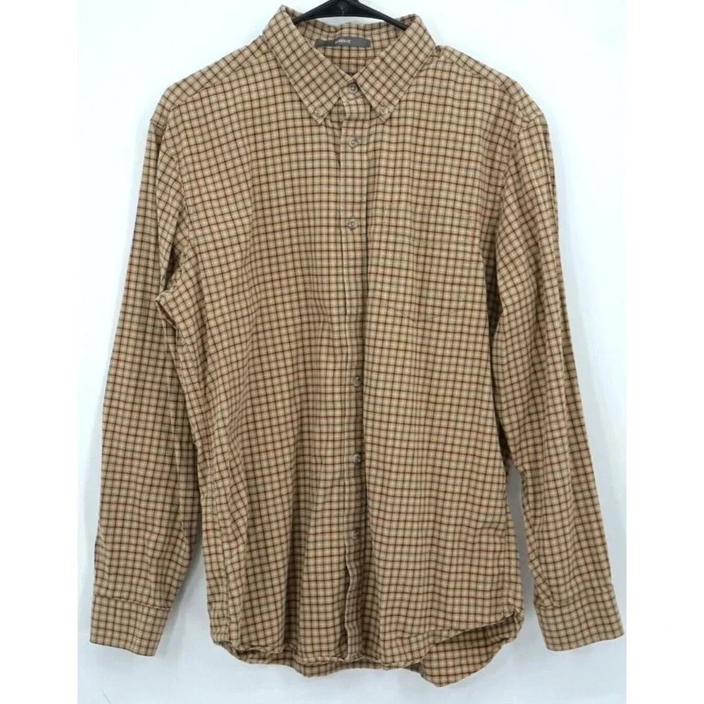 Eddie Bauer Men Button Up Shirt Medium M Plaid Blue Brown Long Sleeve Cotton